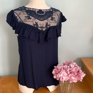 Navy lace inset flowy top